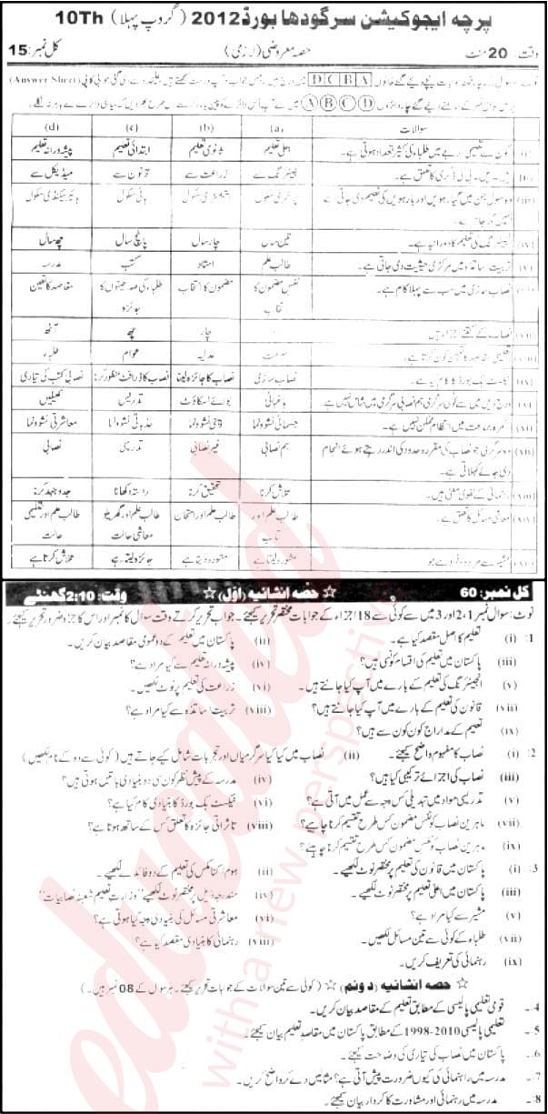 Education 10th Urdu Medium Past Paper Group 1 BISE Sargodha 2012