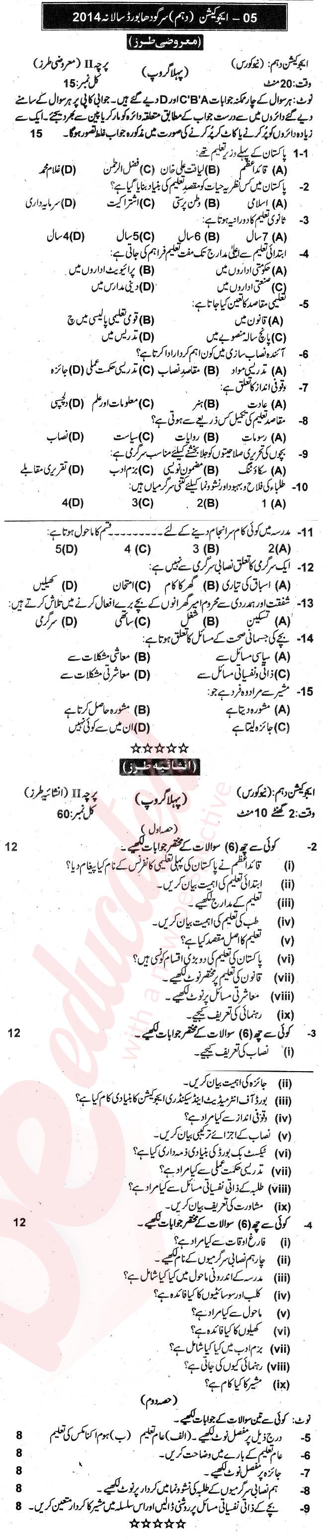 Education 10th Urdu Medium Past Paper Group 1 BISE Sargodha 2014