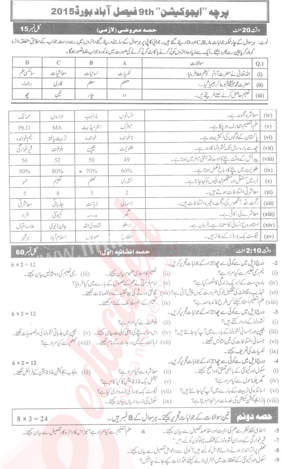 Education 9th class Past Paper Group 1 BISE Faisalabad 2015