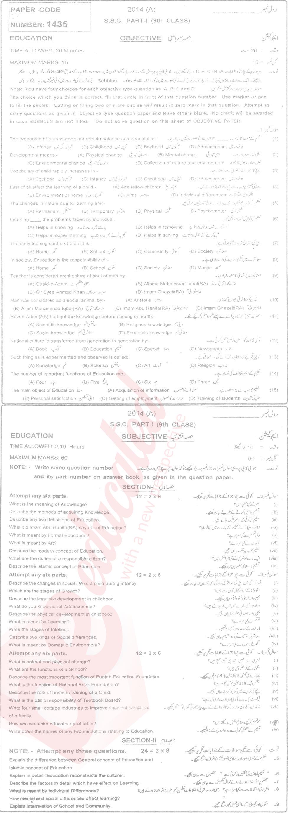Education 9th English Medium Past Paper Group 1 BISE Multan 2014