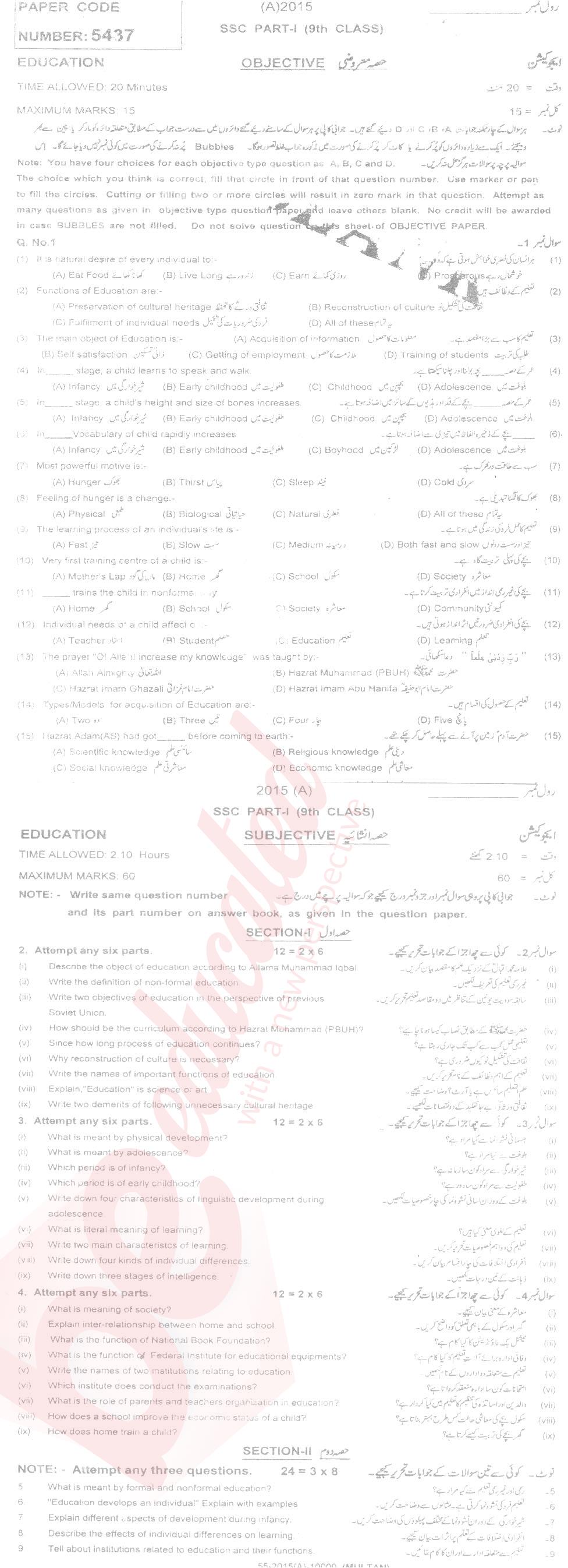 Education 9th English Medium Past Paper Group 1 BISE Multan 2015