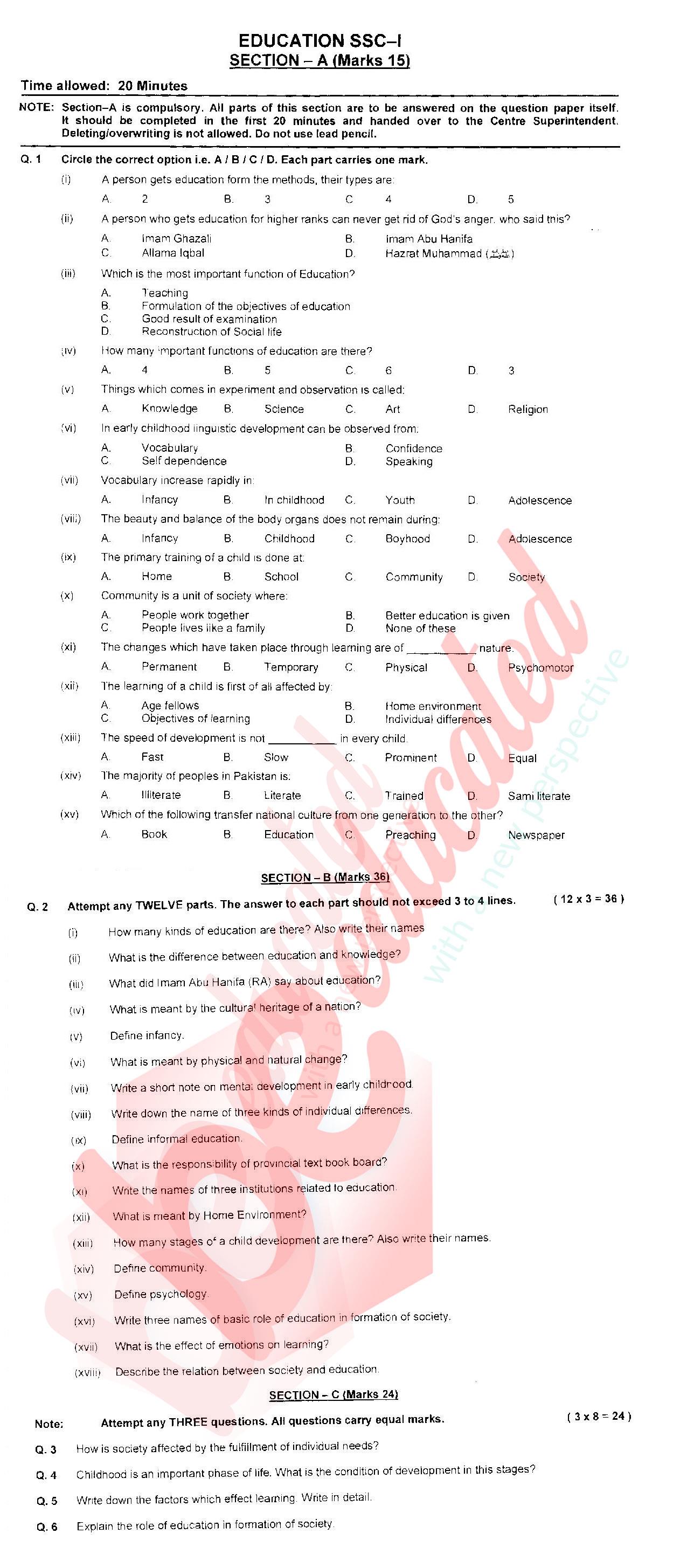 Education 9th English Medium Past Paper Group 1 Federal BISE  2017