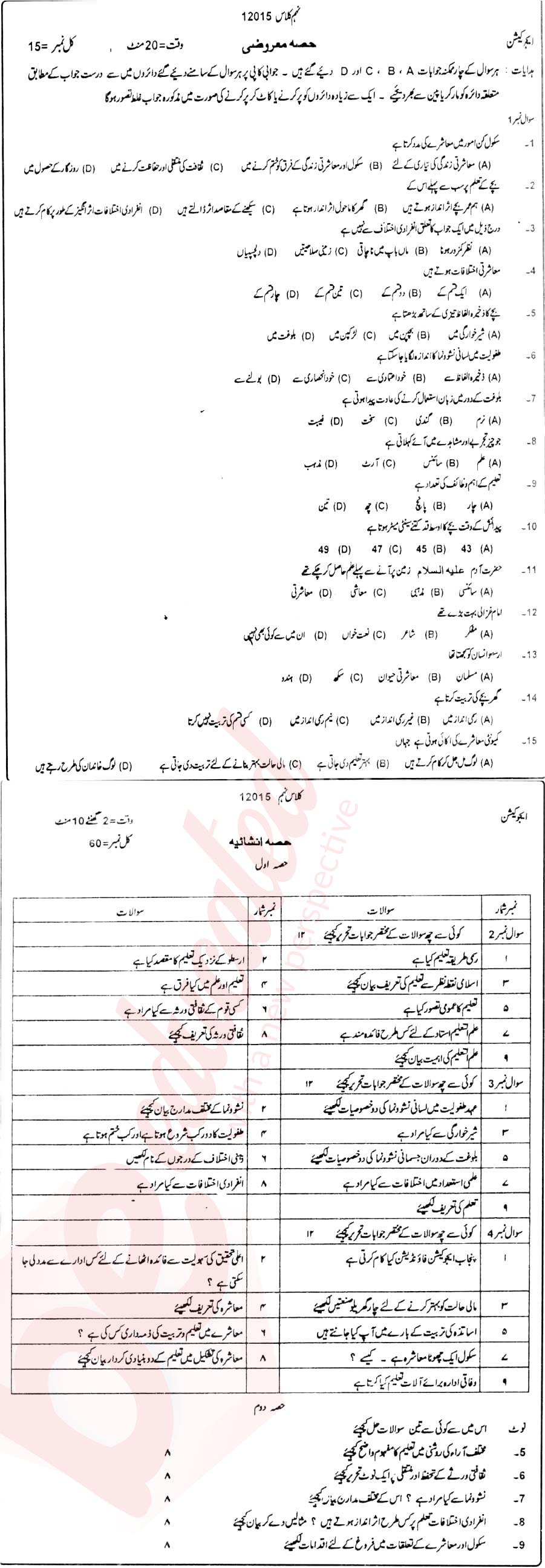 Education 9th Urdu Medium Past Paper Group 1 BISE DG Khan 2015