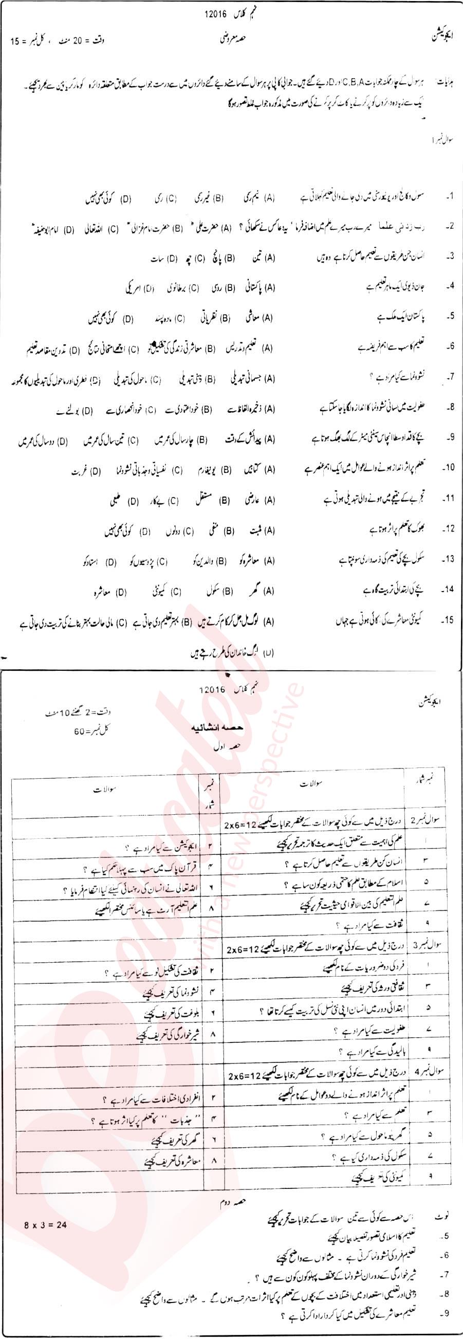 Education 9th Urdu Medium Past Paper Group 1 BISE DG Khan 2016