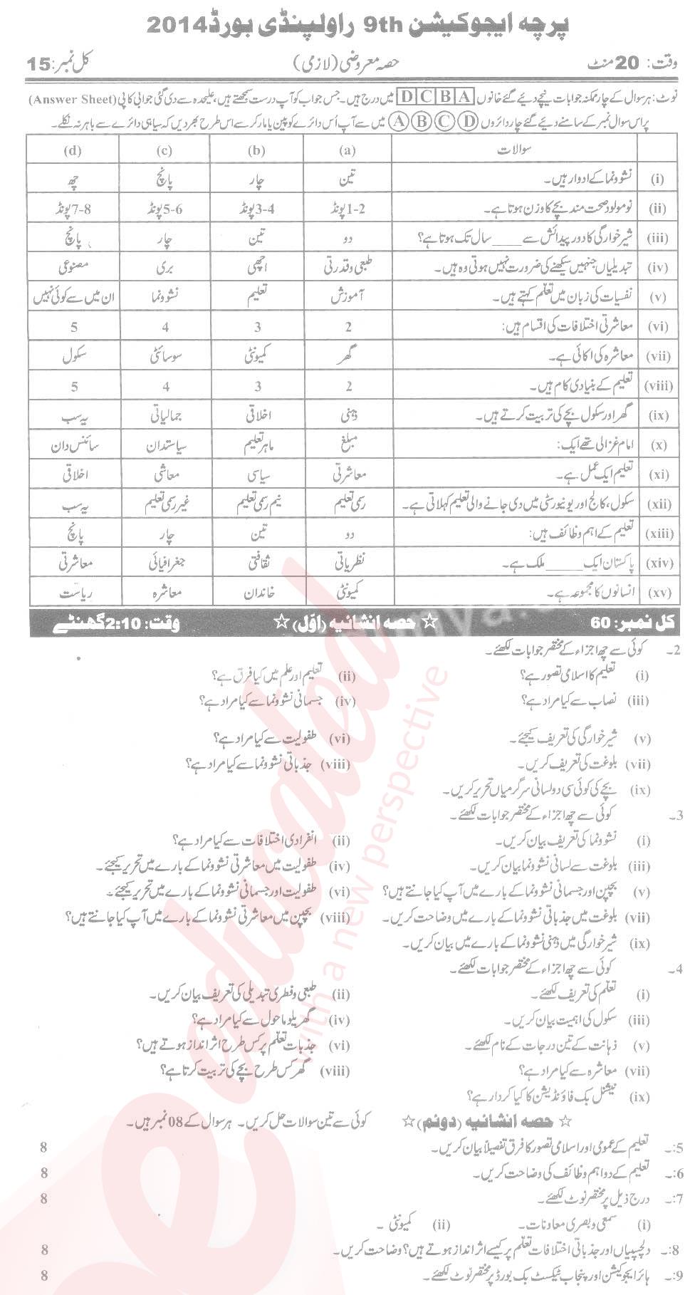 Education 9th Urdu Medium Past Paper Group 1 BISE Rawalpindi 2014
