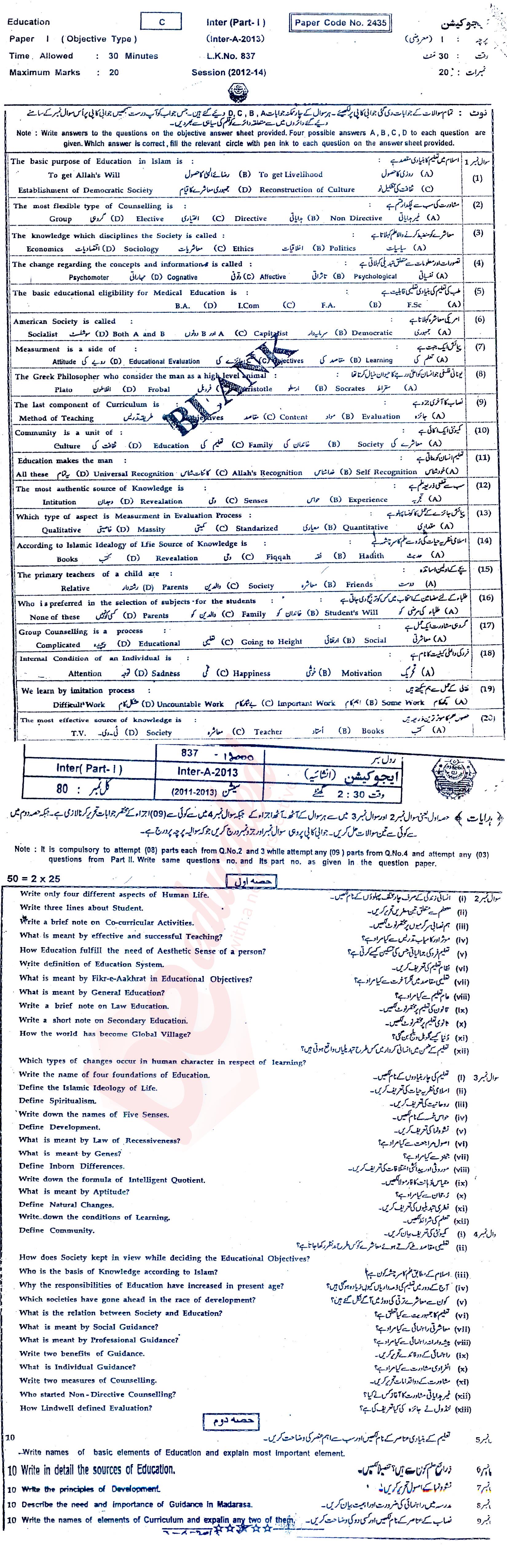 Education FA Part 1 Past Paper Group 1 BISE Bahawalpur 2013