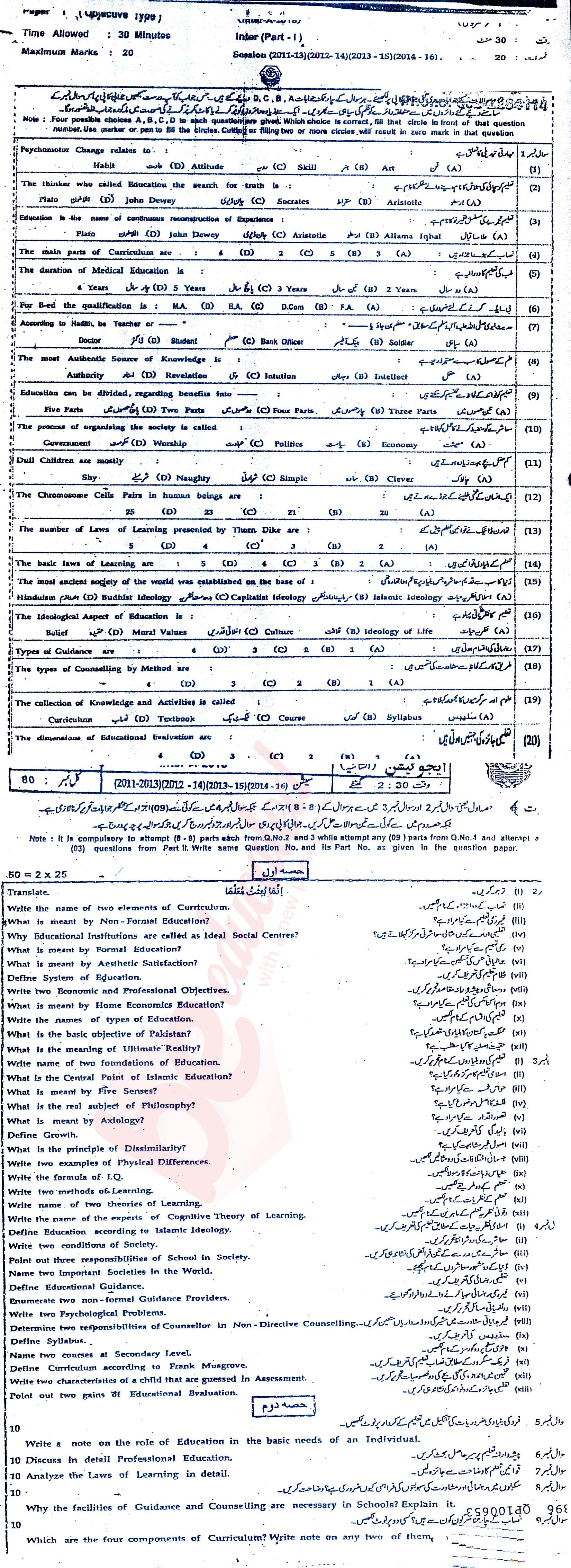 Education FA Part 1 Past Paper Group 1 BISE Bahawalpur 2015