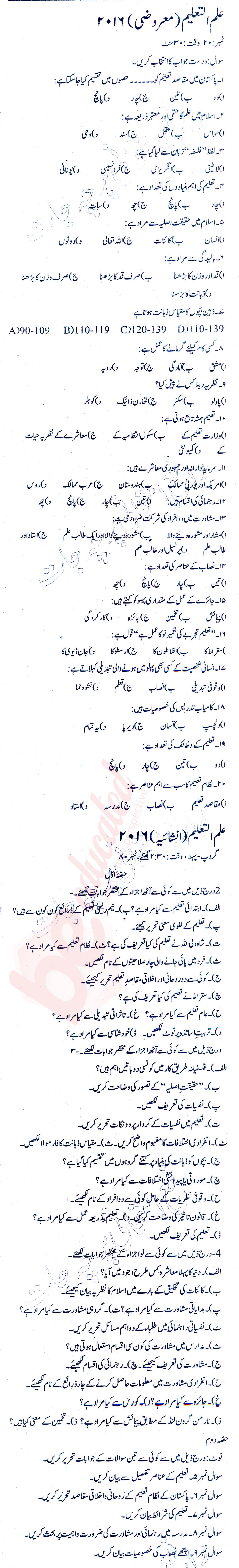 Education FA Part 1 Past Paper Group 1 BISE Rawalpindi 2016