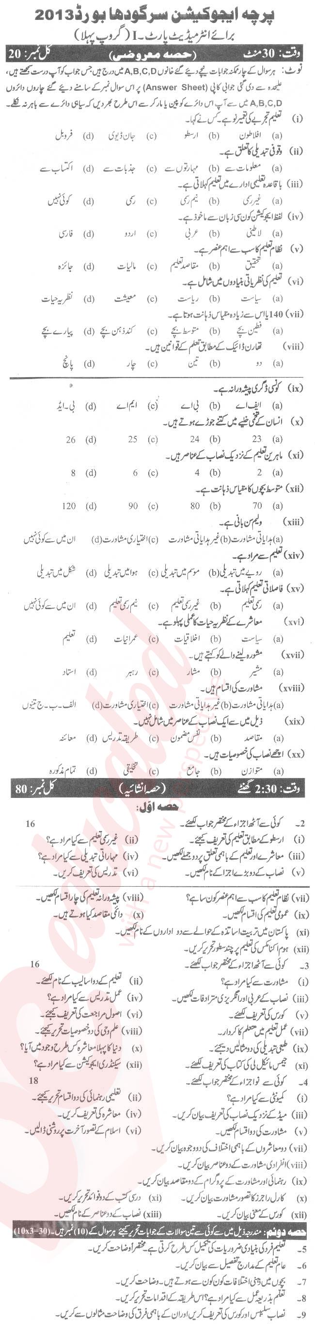 Education FA Part 1 Past Paper Group 1 BISE Sargodha 2013