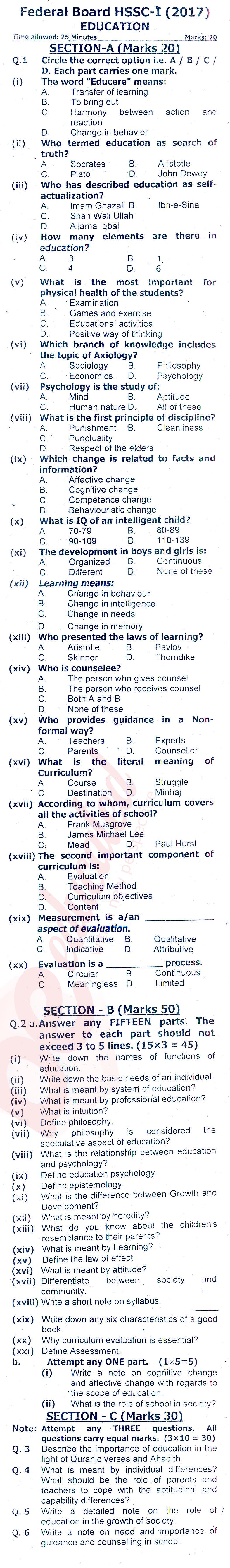 Education FA Part 1 Past Paper Group 1 Federal BISE  2017