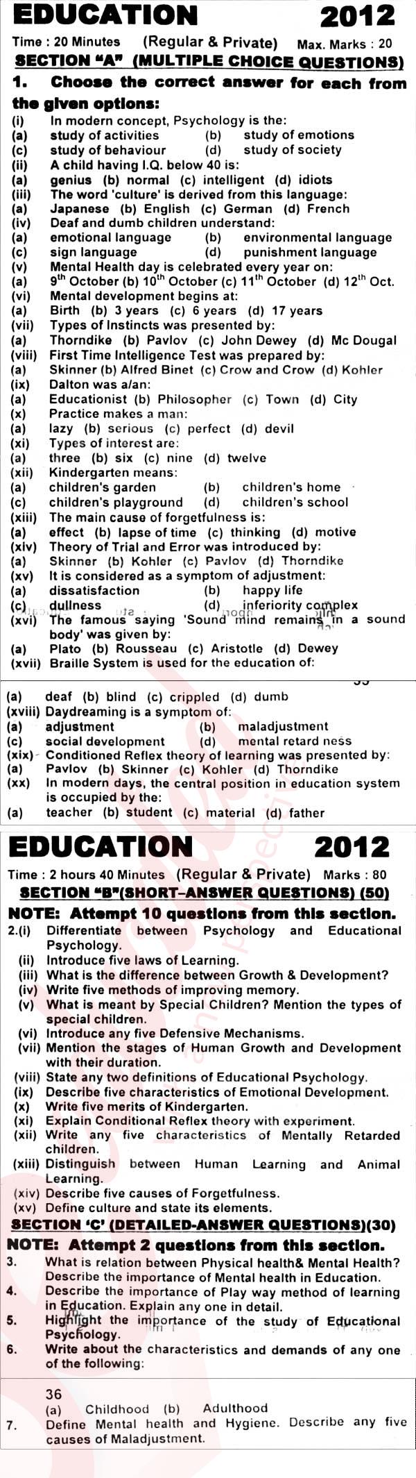 Education FA Part 1 Past Paper Group 1 KPBTE 2012