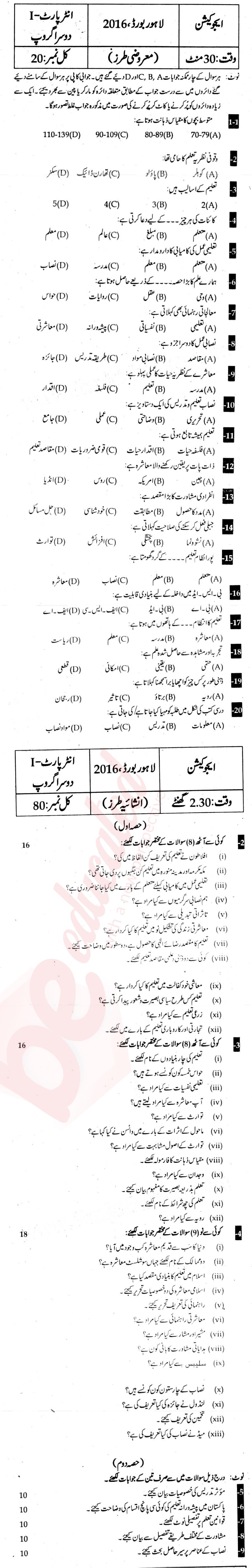 Education FA Part 1 Past Paper Group 2 BISE Lahore 2016