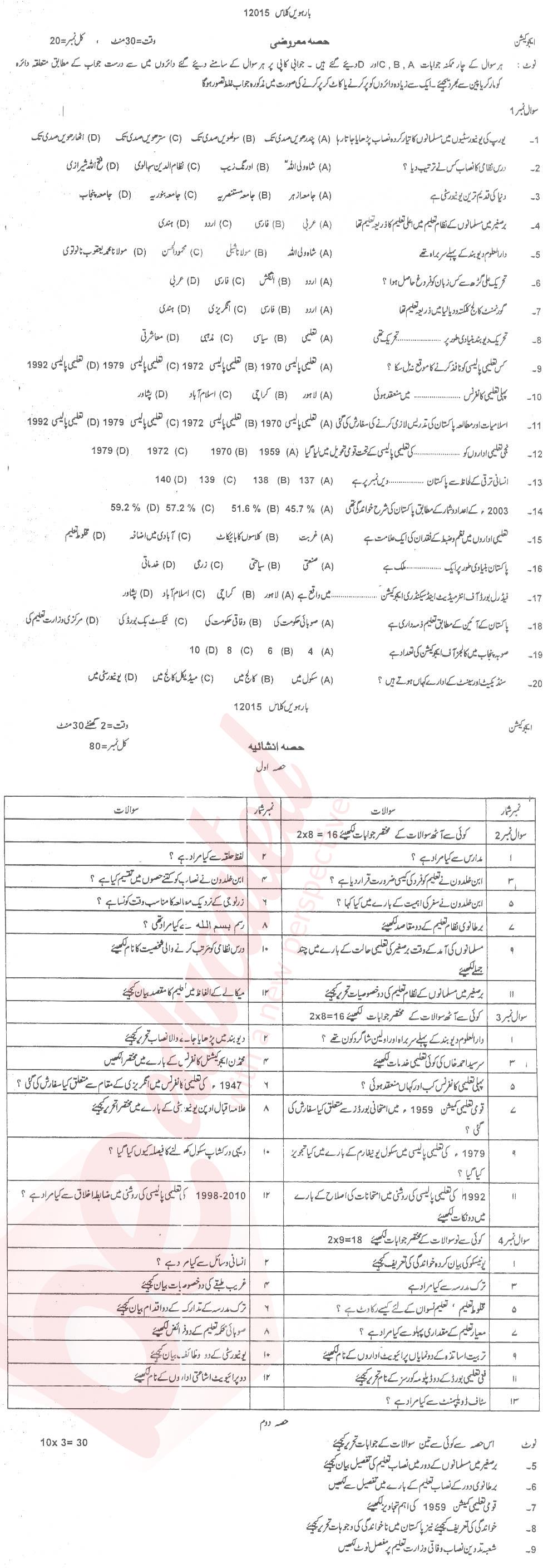 Education FA Part 2 Past Paper Group 1 BISE DG Khan 2015