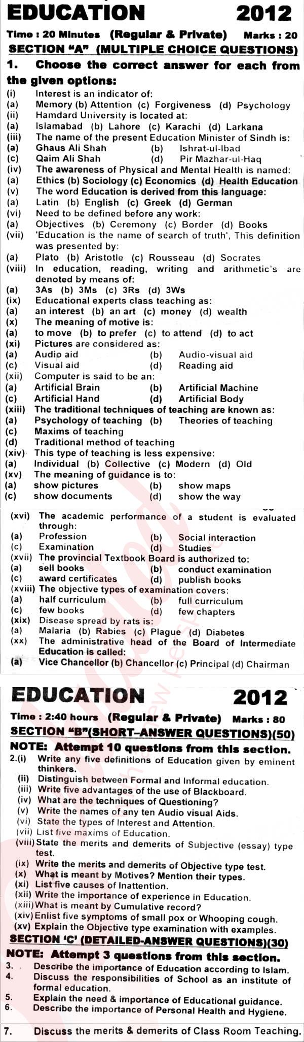 Education FA Part 2 Past Paper Group 1 KPBTE 2012