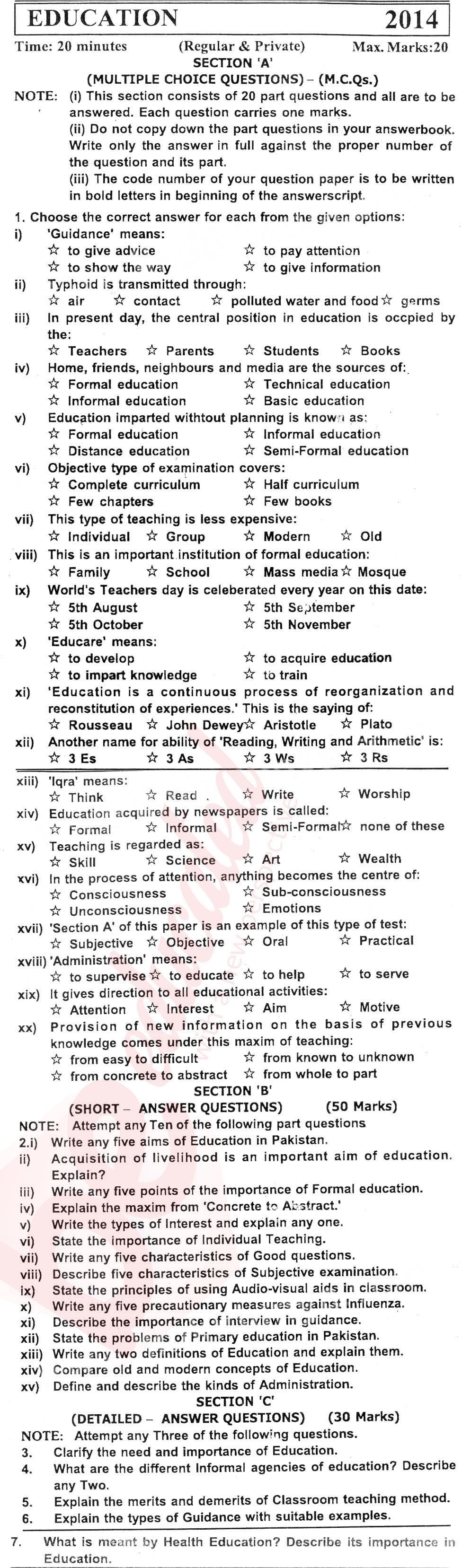 Education FA Part 2 Past Paper Group 1 KPBTE 2014