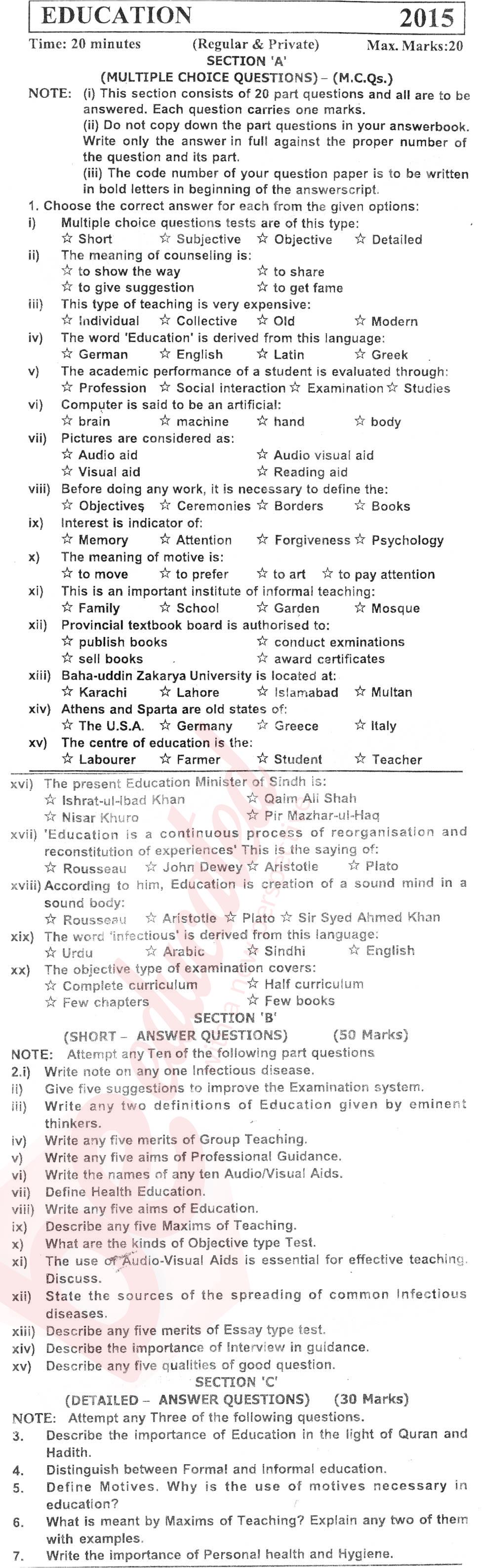 Education FA Part 2 Past Paper Group 1 KPBTE 2015