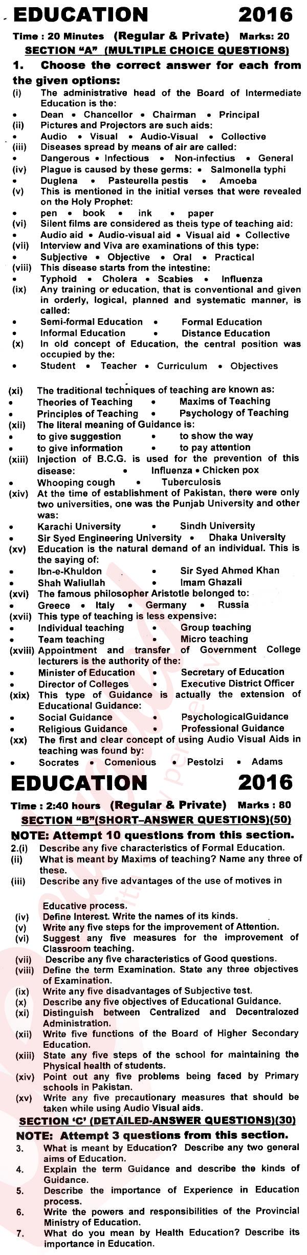 Education FA Part 2 Past Paper Group 1 KPBTE 2016