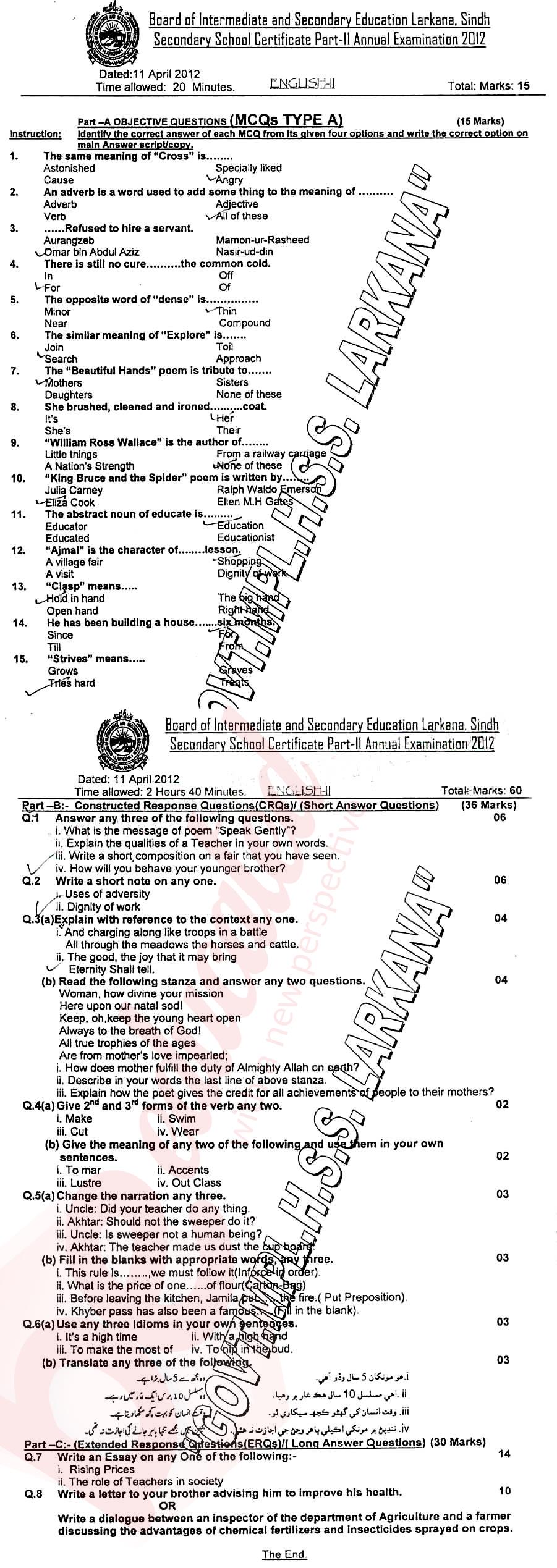 English 10th class Past Paper Group 1 BISE Larkana 2012