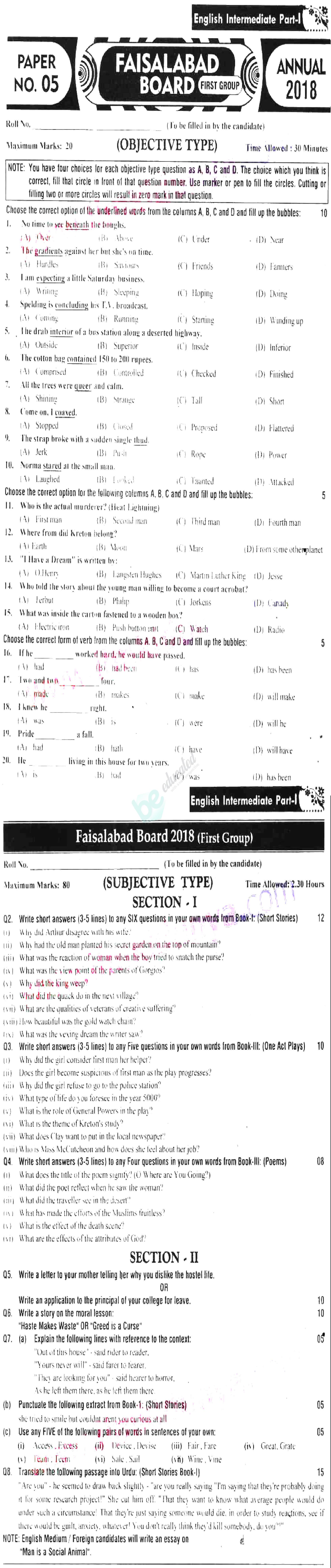 English 11th class Past Paper Group 1 BISE Faisalabad 2018