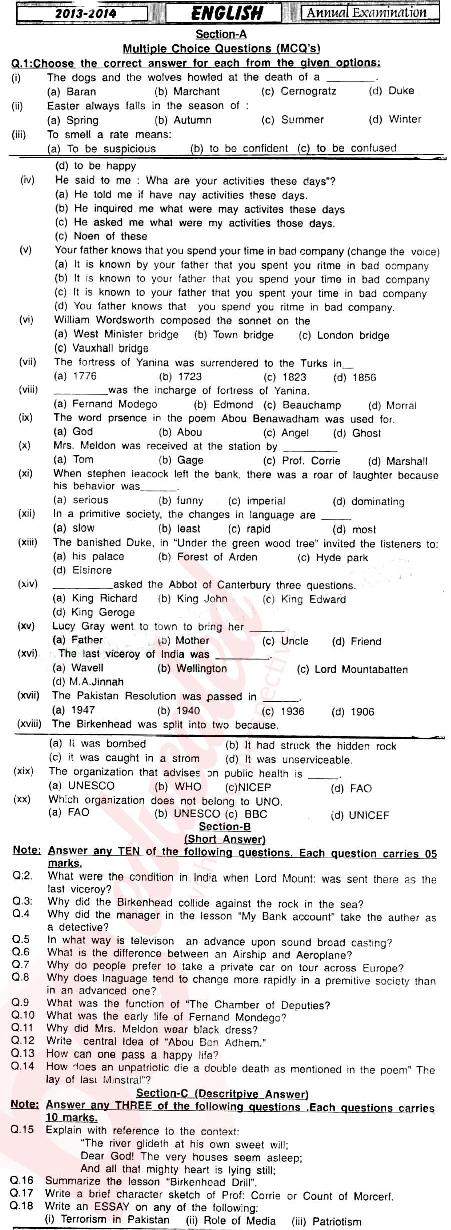 English 11th class Past Paper Group 1 BISE Hyderabad 2014