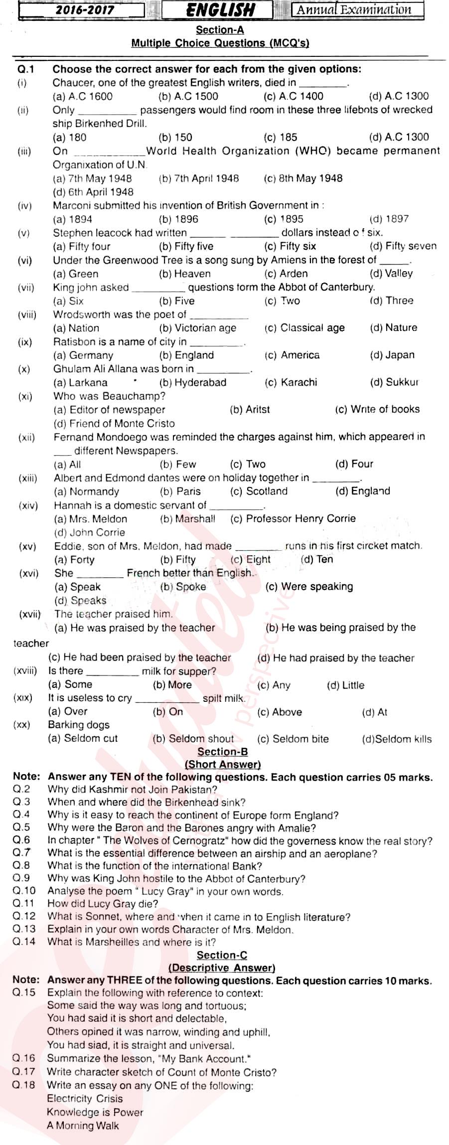 English 11th class Past Paper Group 1 BISE Hyderabad 2017