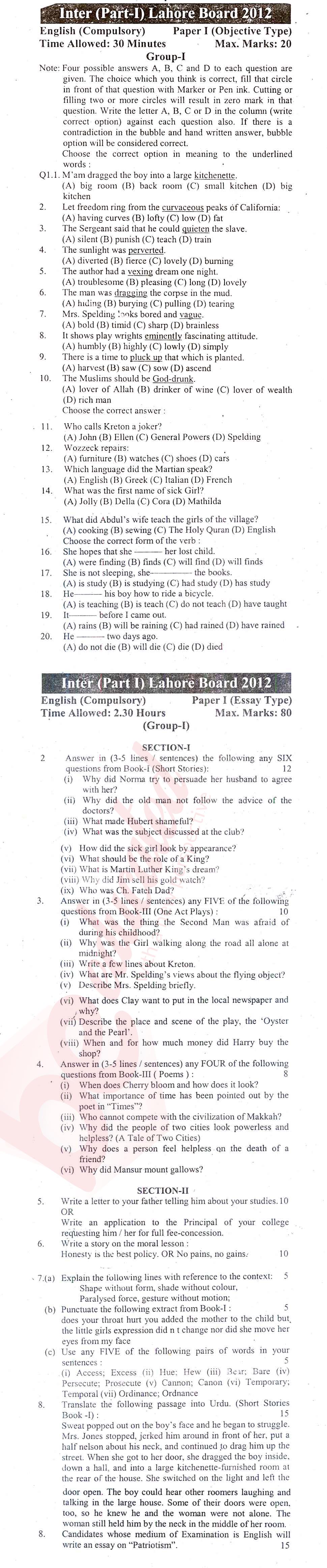 English 11th class Past Paper Group 1 BISE Lahore 2012