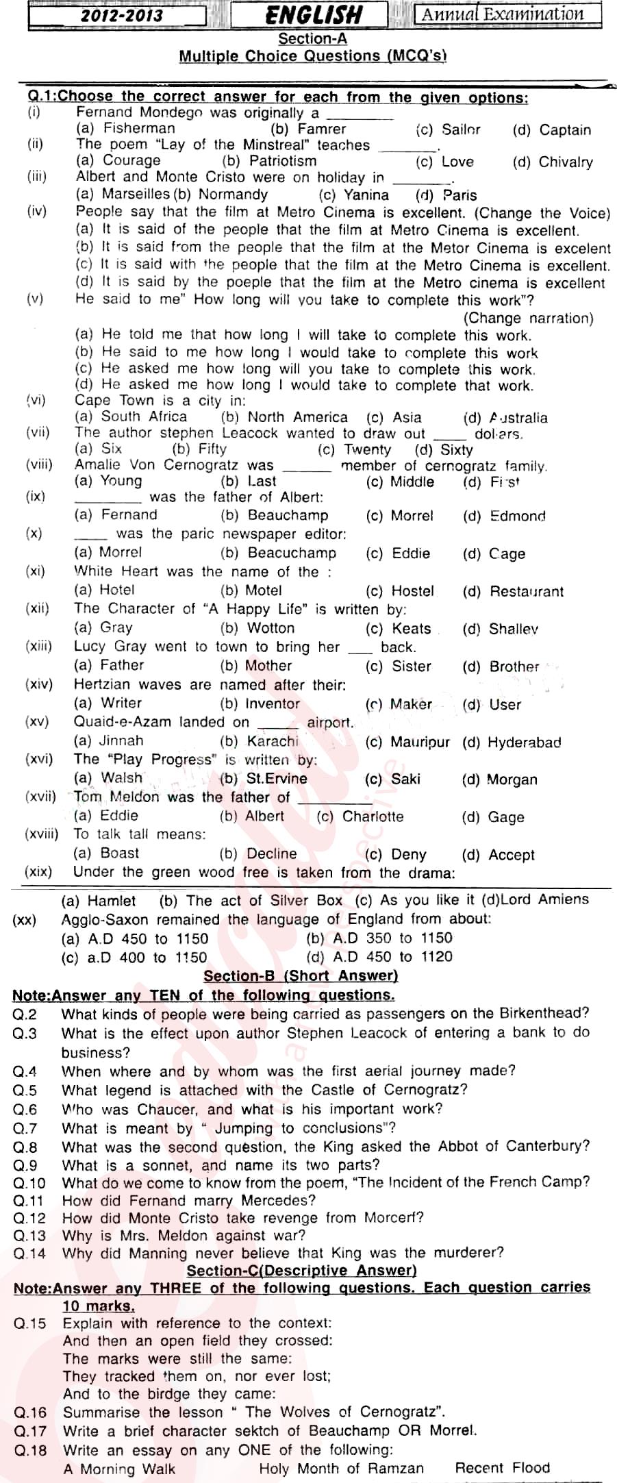 English 11th class Past Paper Group 1 BISE Mirpurkhas 2013