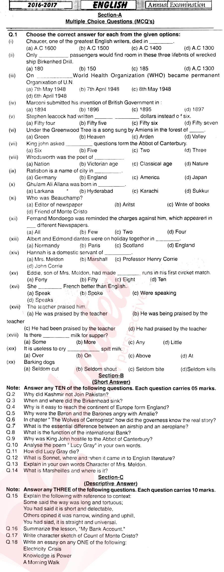 English 11th class Past Paper Group 1 BISE Mirpurkhas 2017