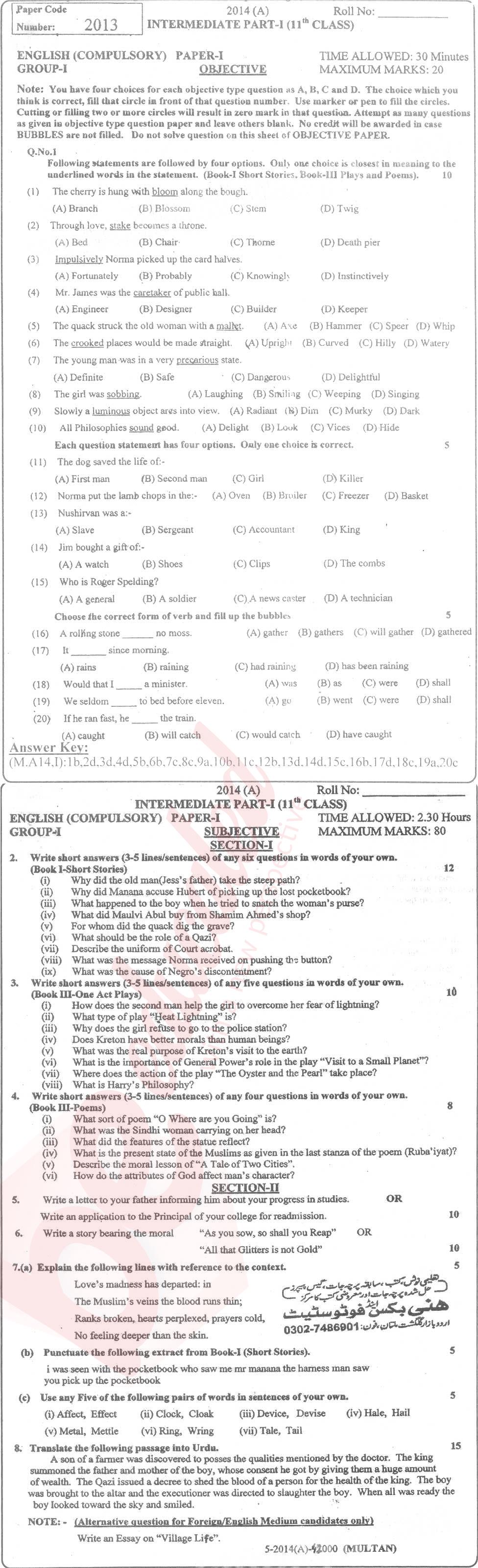 English 11th class Past Paper Group 1 BISE Multan 2014