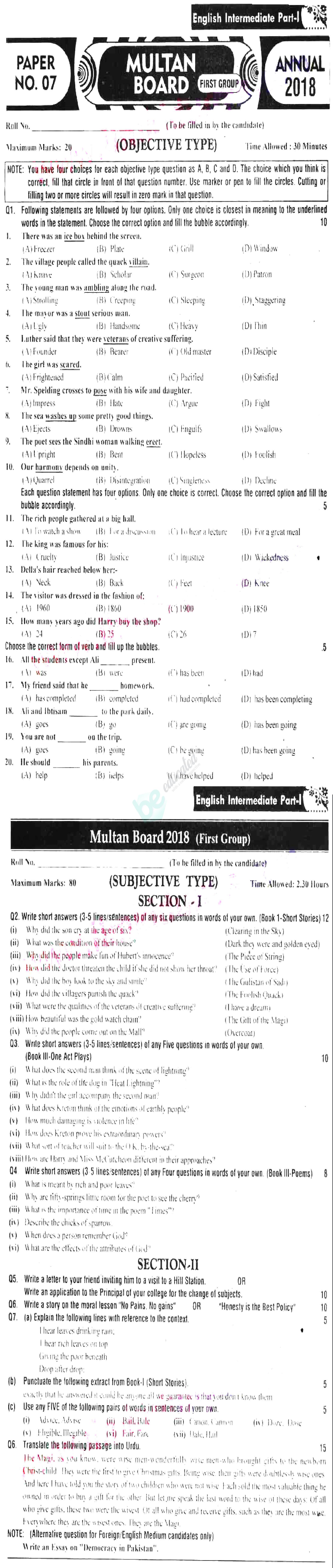 English 11th class Past Paper Group 1 BISE Multan 2018