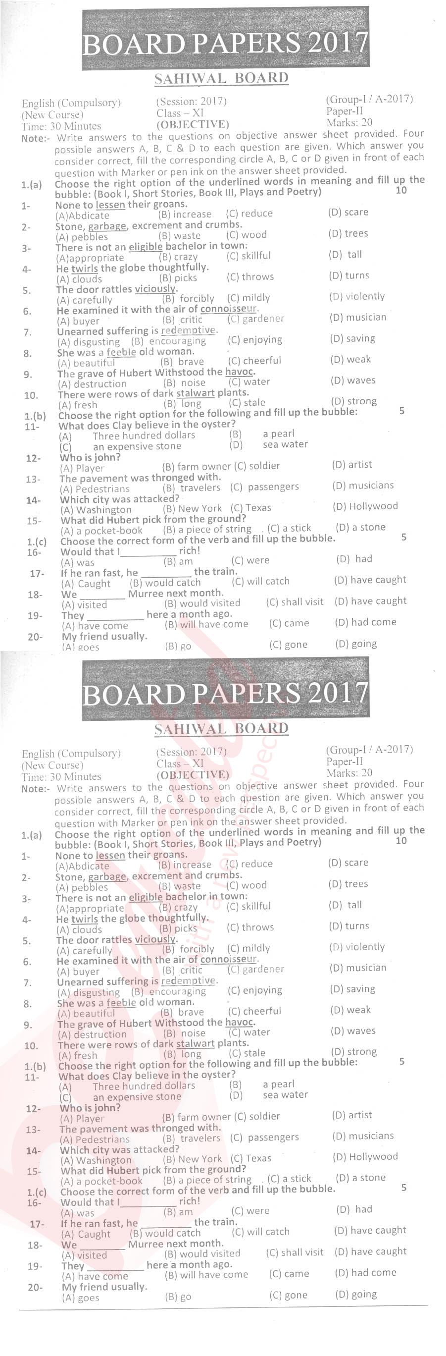 English 11th class Past Paper Group 1 BISE Sahiwal 2017