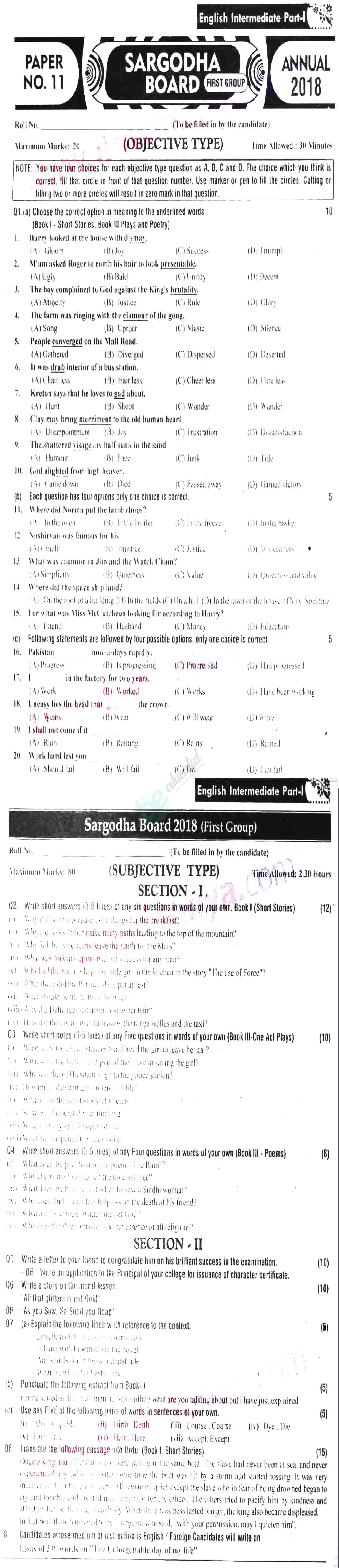 English 11th class Past Paper Group 1 BISE Sargodha 2018