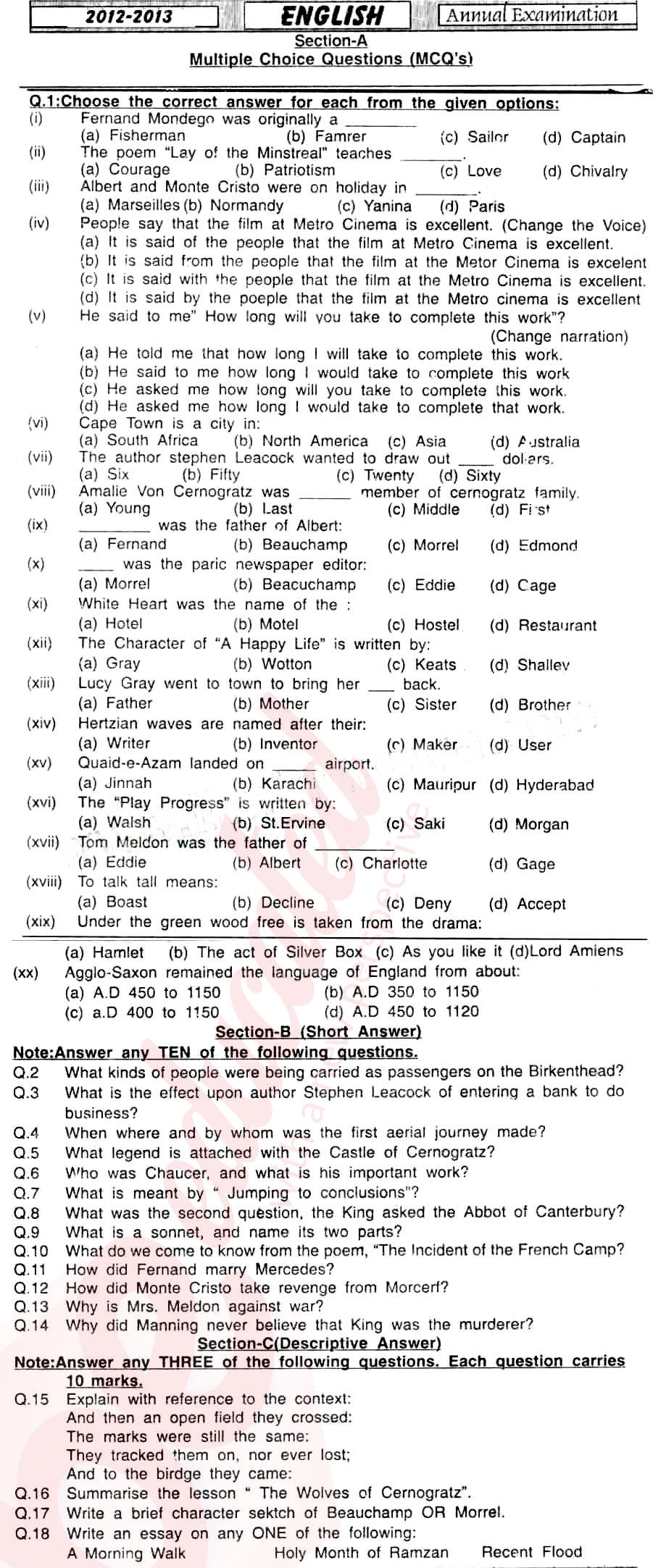 English 11th class Past Paper Group 1 BISE Sukkur 2013