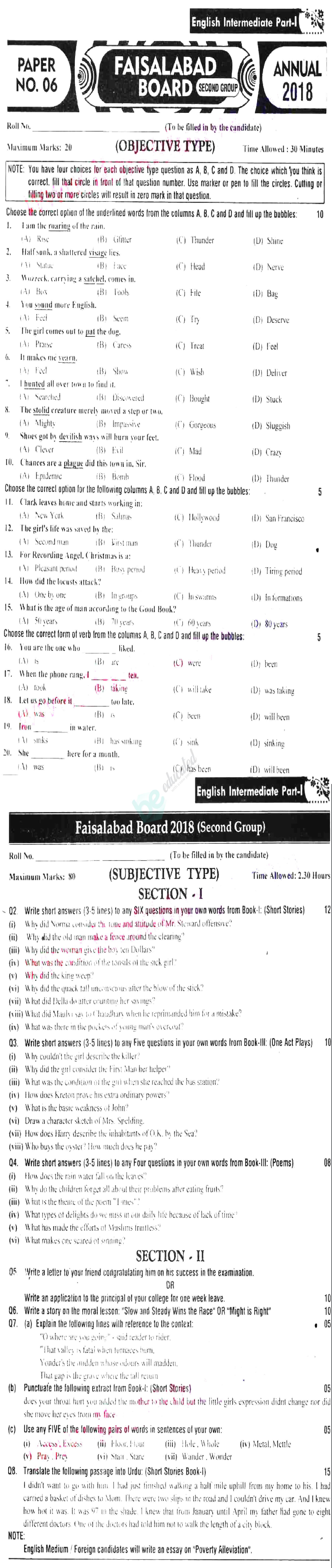 English 11th class Past Paper Group 2 BISE Faisalabad 2018