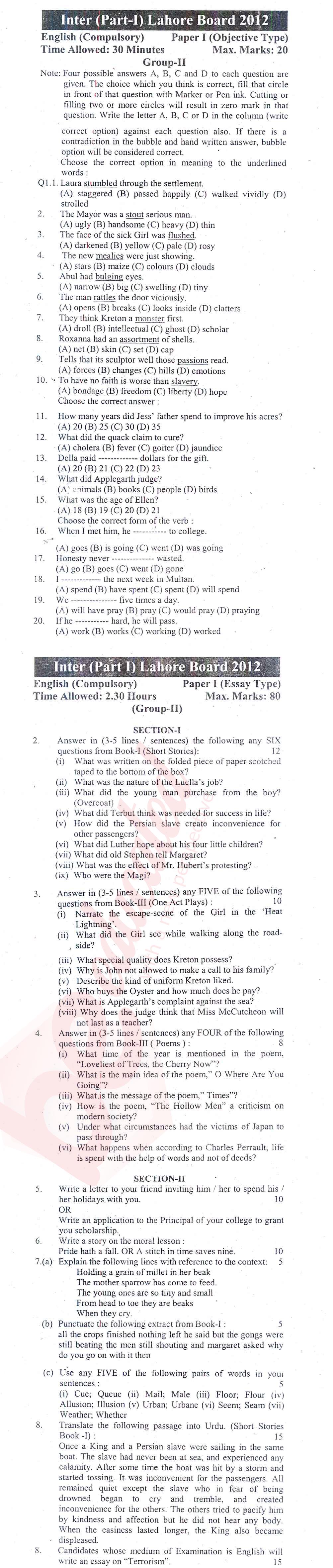 English 11th class Past Paper Group 2 BISE Lahore 2012