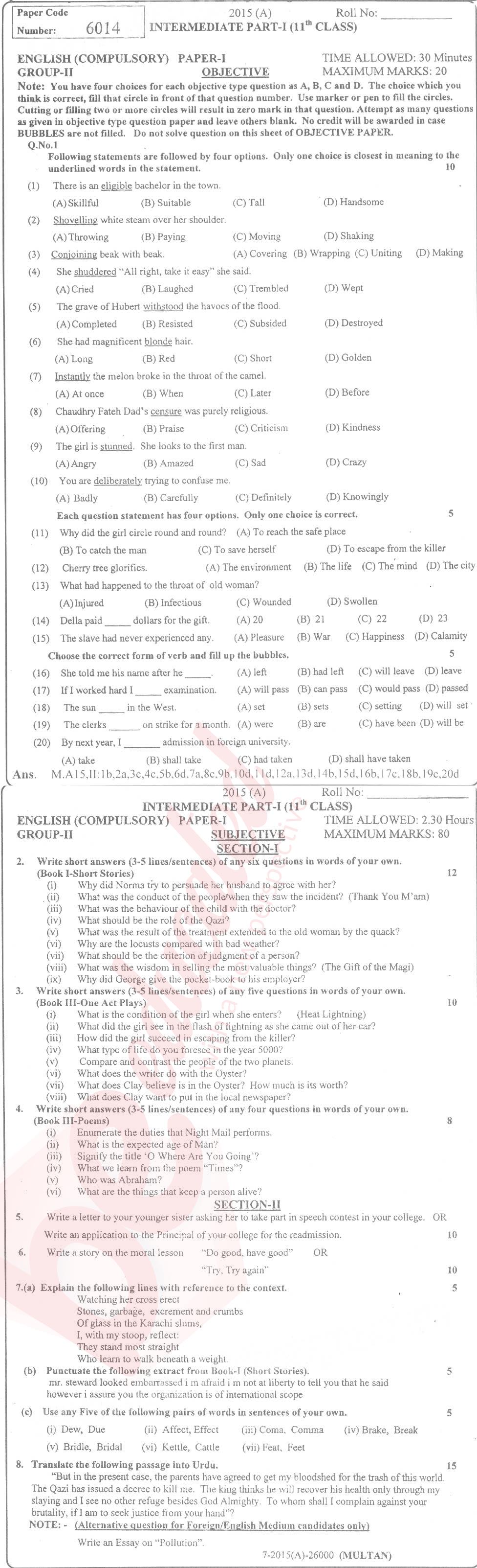 English 11th class Past Paper Group 2 BISE Multan 2015