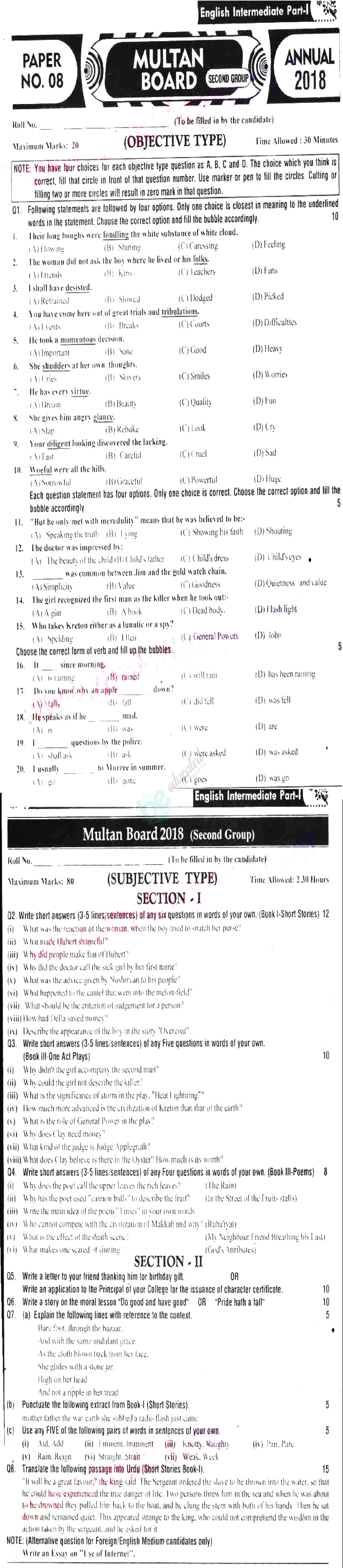 English 11th class Past Paper Group 2 BISE Multan 2018