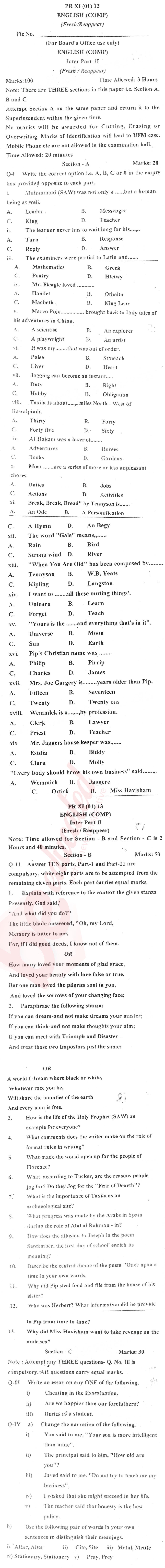 English 12th class Past Paper Group 1 BISE Bannu 2013