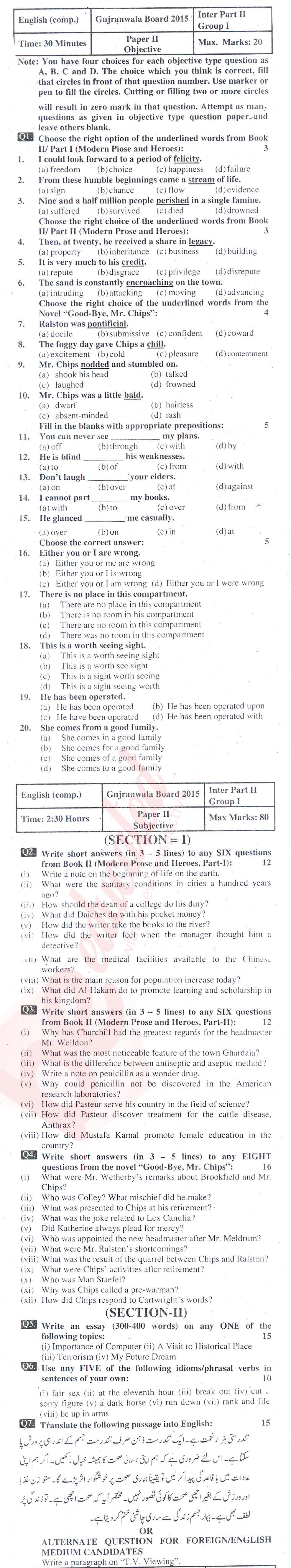English 12th class Past Paper Group 1 BISE Gujranwala 2015