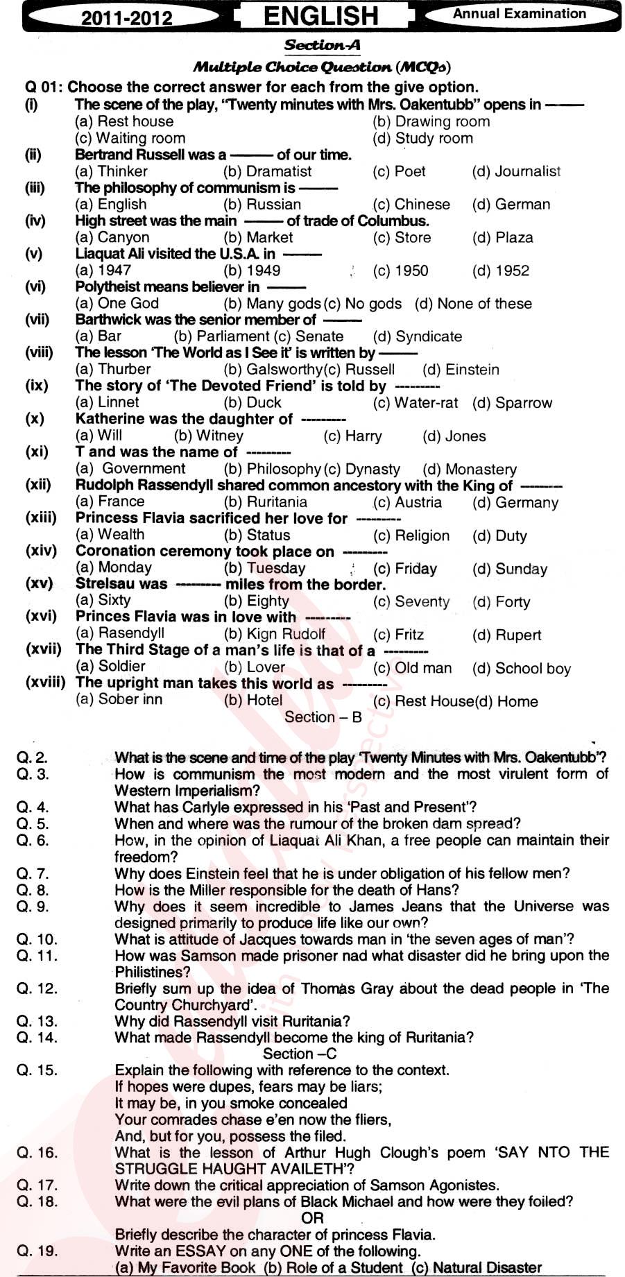 English 12th class Past Paper Group 1 BISE Hyderabad 2012