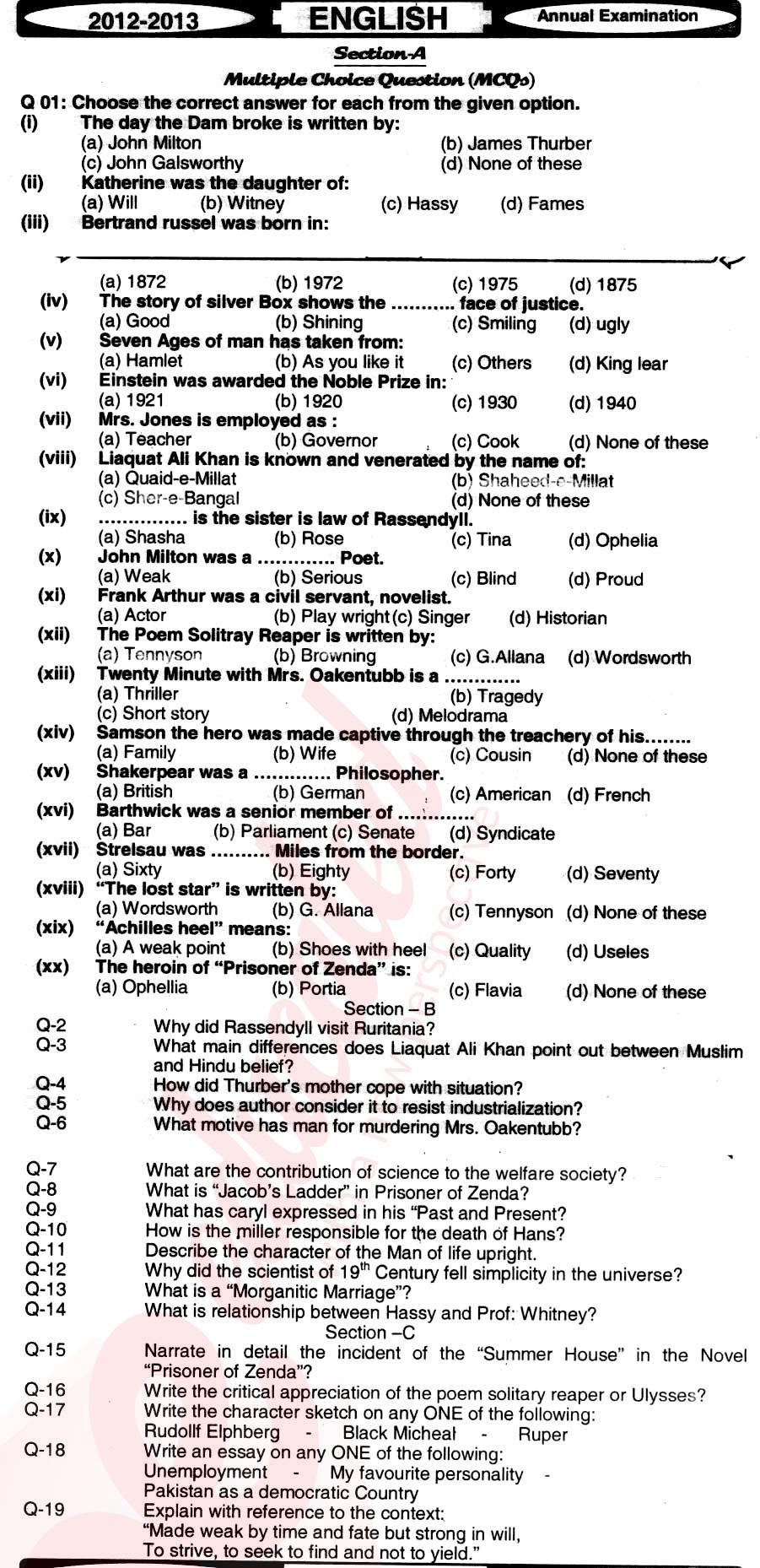 English 12th class Past Paper Group 1 BISE Hyderabad 2013