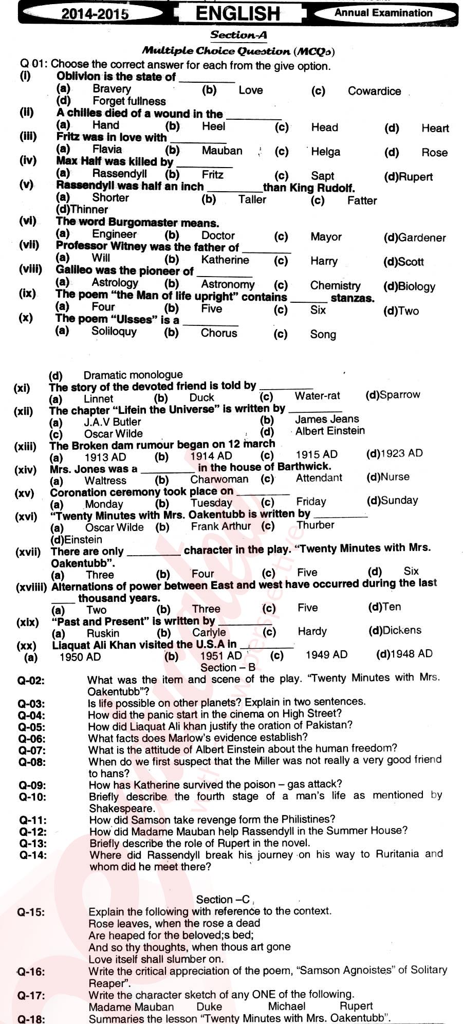 English 12th class Past Paper Group 1 BISE Hyderabad 2015