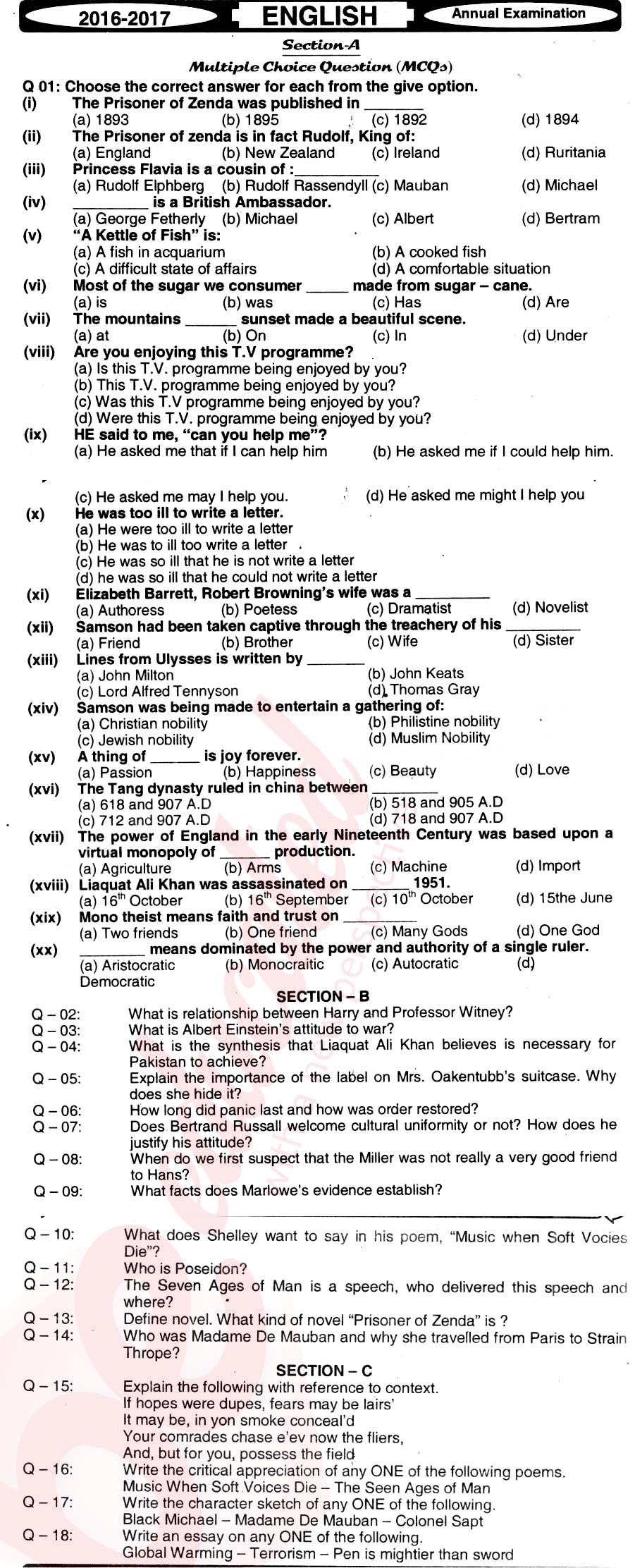 English 12th class Past Paper Group 1 BISE Hyderabad 2016