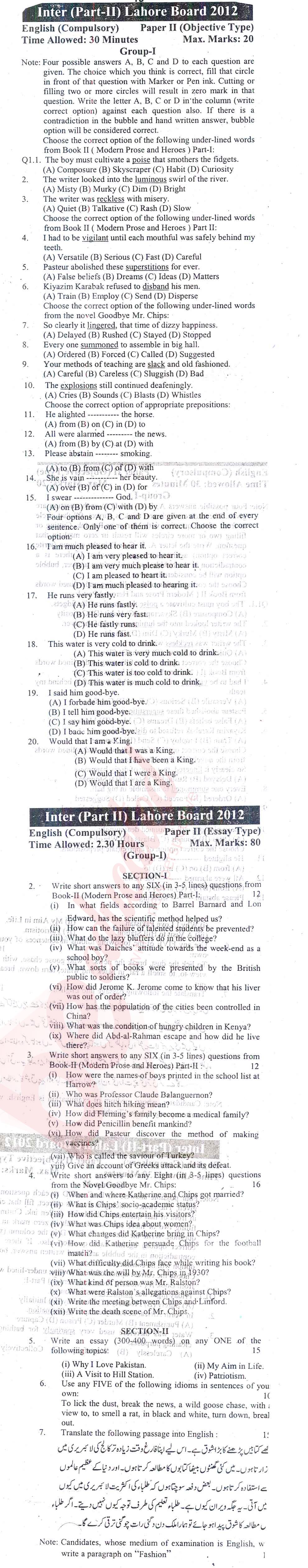 English 12th class Past Paper Group 1 BISE Lahore 2012