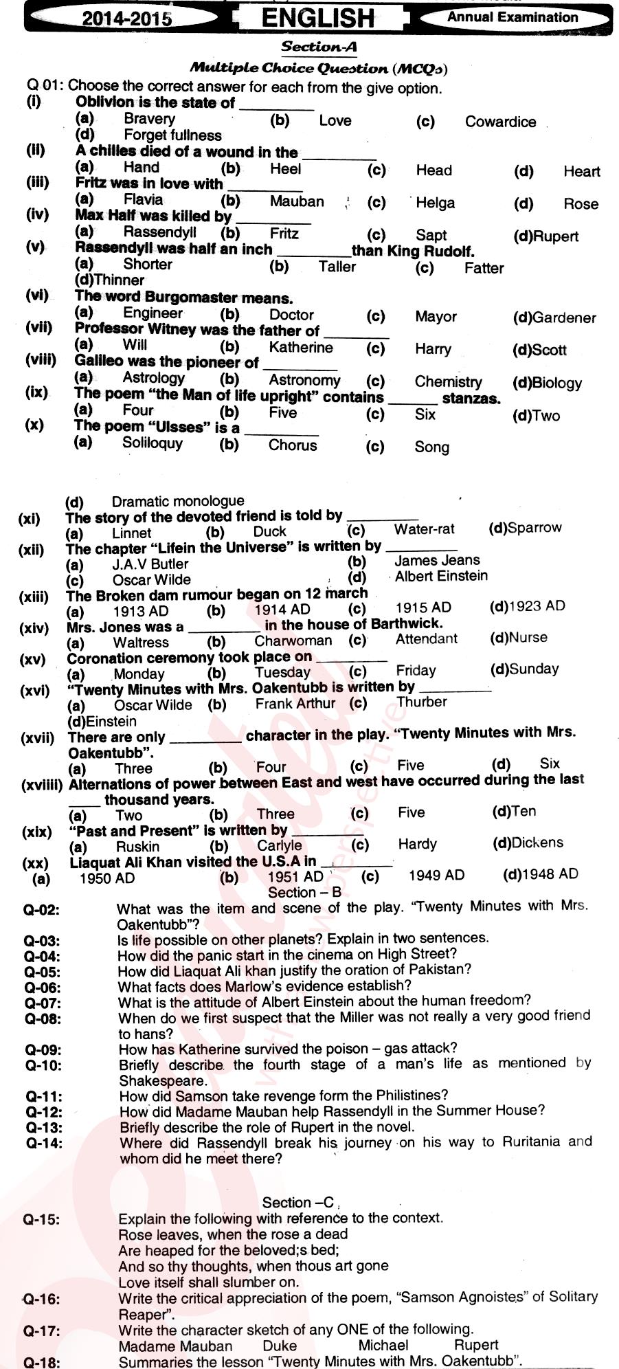 English 12th class Past Paper Group 1 BISE Mirpurkhas 2015