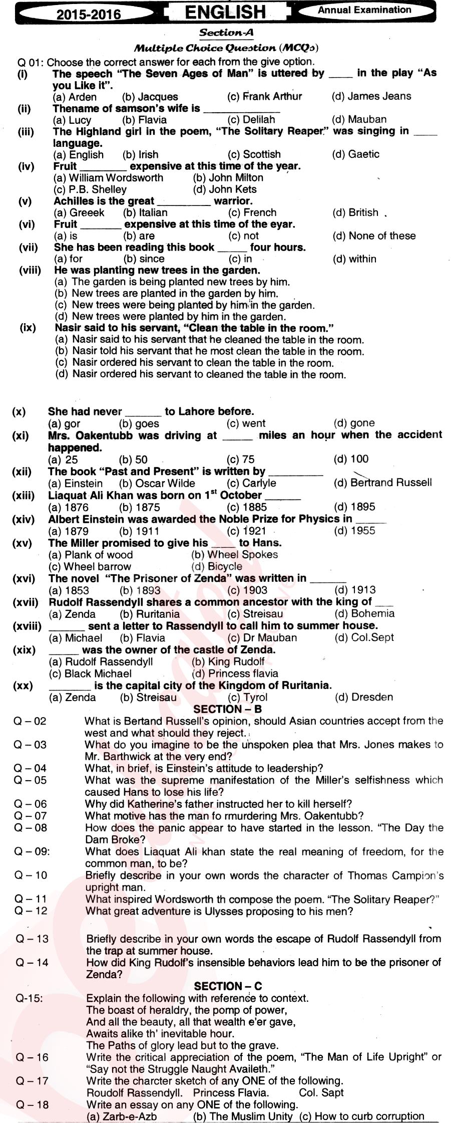 English 12th class Past Paper Group 1 BISE Mirpurkhas 2016