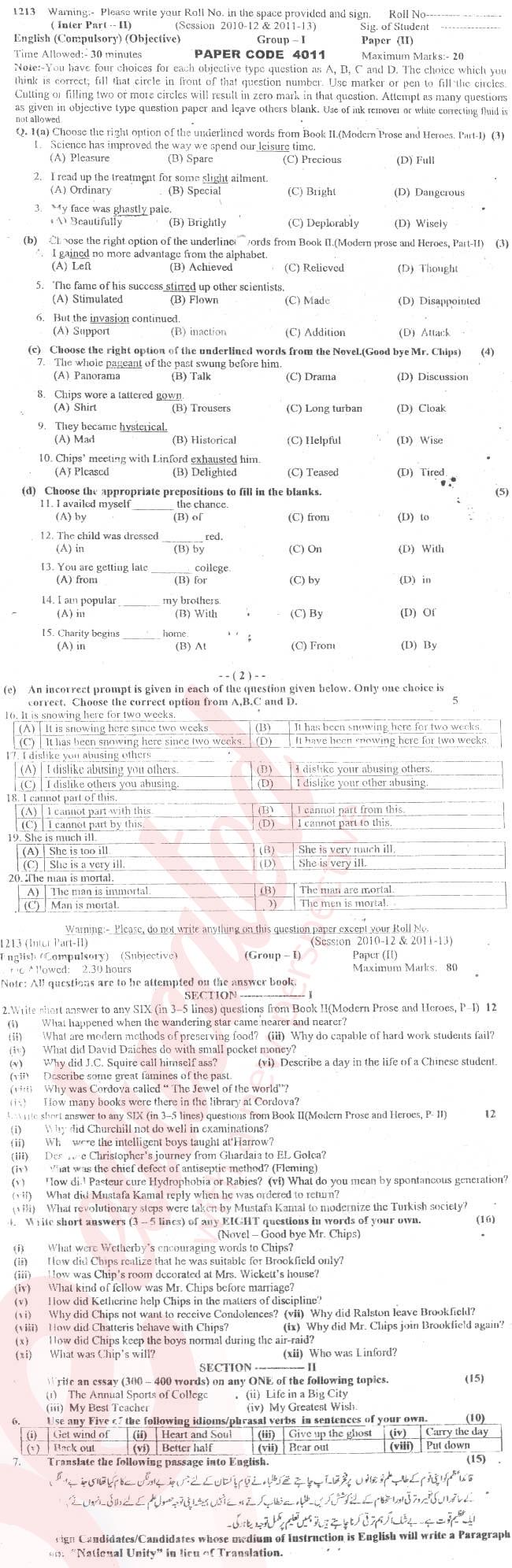 English 12th class Past Paper Group 1 BISE Sargodha 2013