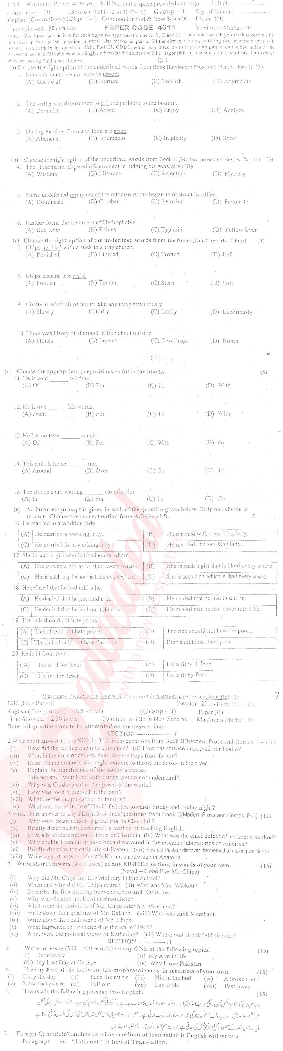 English 12th class Past Paper Group 1 BISE Sargodha 2015