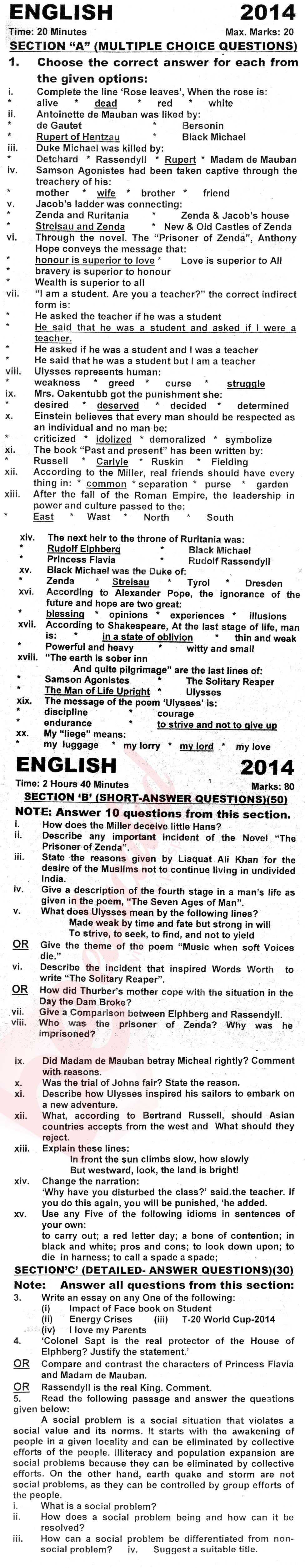 English 12th class Past Paper Group 1 KPBTE 2014