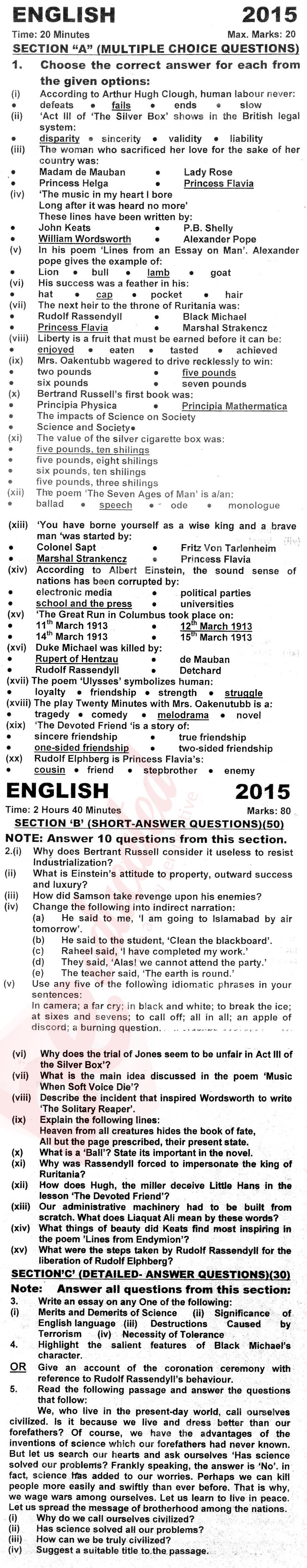 English 12th class Past Paper Group 1 KPBTE 2015